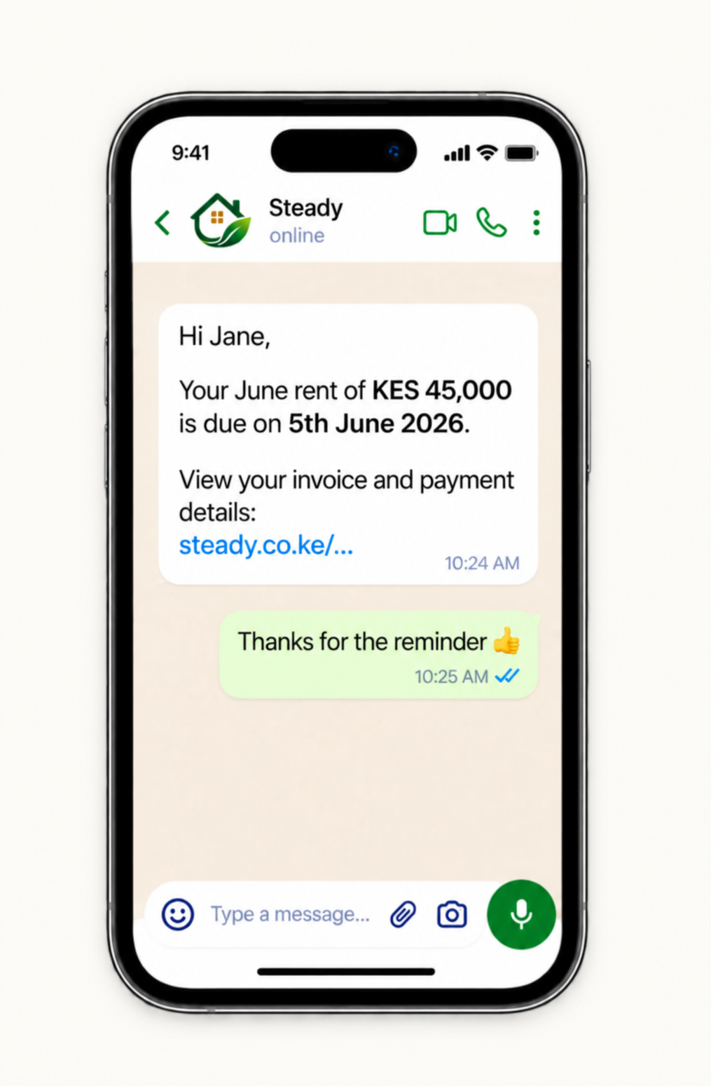 Steady rent reminder shown in a WhatsApp-style phone illustration